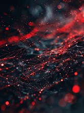 Abstract explosion of red and black particles and lines, AI generated