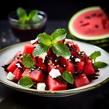Refreshing watermelon and feta salad mint leaves intricately artfully drizzled, AI generated