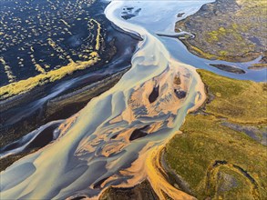 Overgrown mineralised river landscape, drone image, Landeyjasandur, Sudurland, Iceland, Europe
