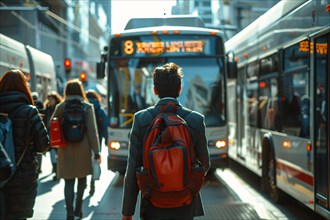 A young person with a red backpack waiting to board a bus in a city commute scene, AI generated