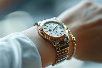 Close-up of a luxurious gold watch on someone's wrist, AI generated