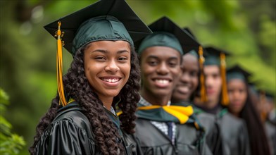 Smiling girl in green cap and gown with tassel, outdoors at a graduation ceremony, blurry