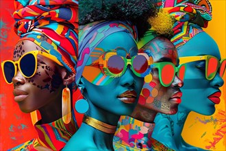 Colorful artistic portrait of African women in vibrant headscarves and sunglasses, illustration, AI