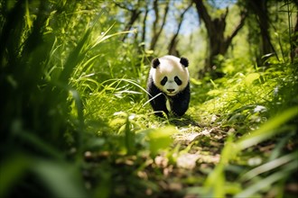 Cute panda cub in a lush bamboo grove, The image showcases the beauty and serenity of nature and