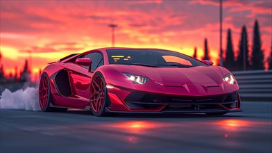 Red sports car racing at dusk with neon lights and smoke under a dark sky, AI generated
