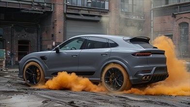 Grey german design all road SUV with muddy tires performing a dynamic maneuver in an urban setting