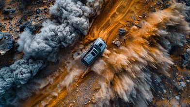 Top aerial view of a car on a war zone making large dust clouds, ai generated, AI generated