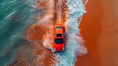 An orange car driving by the seaside, cutting through the foam of the ocean waves, action sports