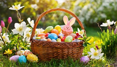 Colourful Easter basket full of eggs and a chocolate bunny surrounded by spring flowers, Easter