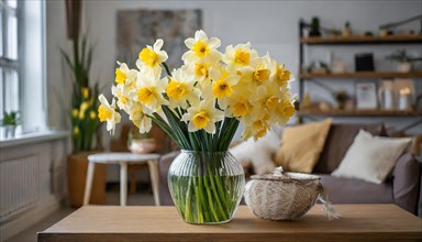 A large bouquet of yellow daffodils in a vase stands on the table in the flat, AI generated, AI