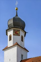 Onion church tower with clock, St. Leonhard branch church, Boerwang, Allgaeu, Swabia, Bavaria,