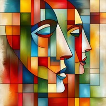 Side profiles of abstract faces within geometric colorful stained glass patterns in digital art,