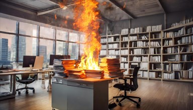 An office with a desk on which piles of files burn fiercely, symbolising bureaucracy, AI generated,