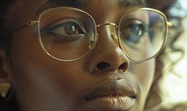 Serene woman with freckles in golden light seen through reflective eyeglasses AI generated