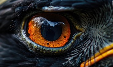 Intense close-up shot of an eagle's eye with yellow beak and feather details AI generated