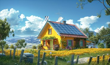 A cozy yellow countryside house with solar panels among blooming flowers on a sunny day AI