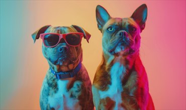 A serious and attentive pair of dogs in sunglasses under colored lighting AI generated