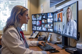 Healthcare professional engaged in a telemedicine video call with multiple participants, AI