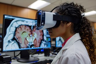 Health professional analyzing brain imaging with virtual reality headset, AI generated