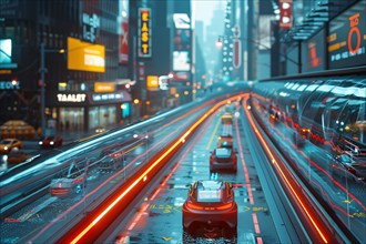 Vibrant futuristic cityscape with traffic and neon lights on wet roads, capturing urban dusk