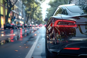 Twilight in the city with a glossy luxury car reflecting the urban lights, AI generated