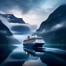 Cruise ship gliding through misty fjord at dawn, AI generated