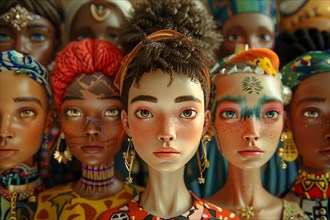 Close-up of diverse dolls representing different cultures, adorned with detailed fashion
