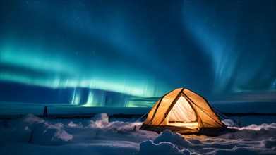 Frost encrusted tent nestled in a pristine snowscape warm glow emanating from within in an aurora