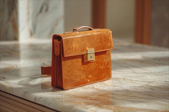 Vintage leather bag placed on a marble countertop, showcasing style and luxury, AI generated