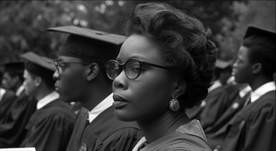 Elegant profile of a young adult african american female graduate in vintage eyewear and hairstyle,