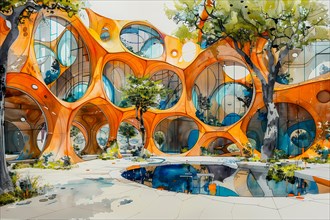 A whimsical watercolor illustration of a futuristic orange building with abstract shapes and