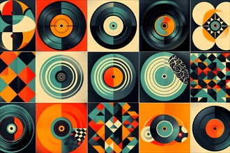 Collage of abstract geometric patterns and vinyl records with a retro music theme, illustration, AI