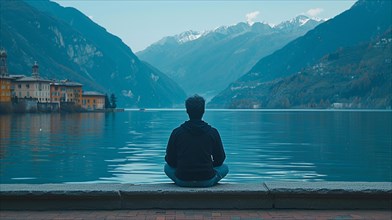 Person sitting peacefully by a lake in Italy with a backdrop of misty Alps, AI generated