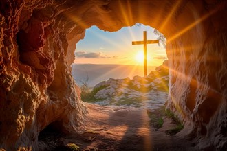 Easter concept cross on Golgotha Calvary hill against a dramatic sunset seen from open tomb of