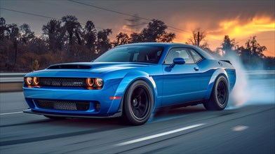 Blue american muscle car performing a burnout on an empty road at sunset, AI generated