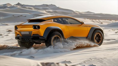 A rugged dual-tone off-road vehicle conquering sand dunes in the desert, AI generated