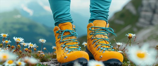 Woman wearing Vibrant yellow boots among wildflowers on a mountain trail, AI generated