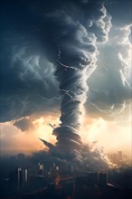 3d render abstract particles converging into a tornado to represent severe weather phenomena over a