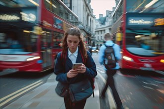 A young woman in a hurry looks at her smartphone on a busy street, symbolic image for accident risk