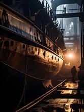 Close up ships hull under repair in seaport dry dock, AI generated
