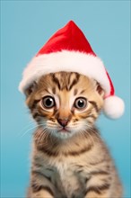 Cute young Bengal cat with red Christmas Santa hat on blue studio background. KI generiert,