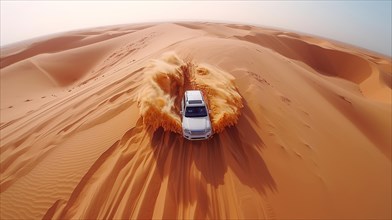 A solitary vehicle leaves a trail of dust in its wake as it traverses towering sand dunes, action