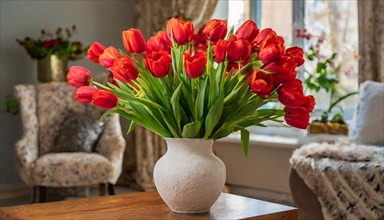 A large bouquet of red tulips in a vase, stands on the table in the flat, spring, AI generated, AI