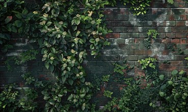 Leafy green ivy plants cover sections of an old brick wall AI generated