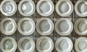 An array of white ceramic plates organized in a grid, creating a pattern of symmetry AI generated
