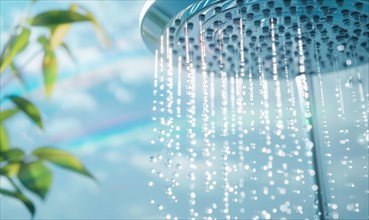 Close-up of a shower head with water flowing down and green leaves in the background AI generated