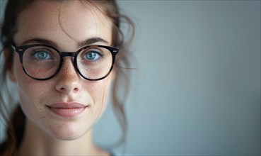 Woman with clear eyes wearing glasses, bathed in natural light, appears introspective AI generated