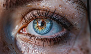Close-up of a human eye with a vivid blue iris and visible eyelashes AI generated
