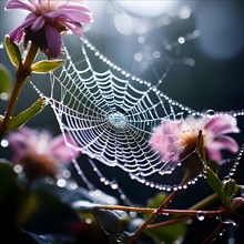 Spider web interlaced among early spring flowers dewdrops, AI generated