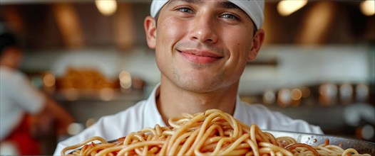 A young italian cheerful chef in a white hat and apron holds a large bowl of fresh spaghetti in a